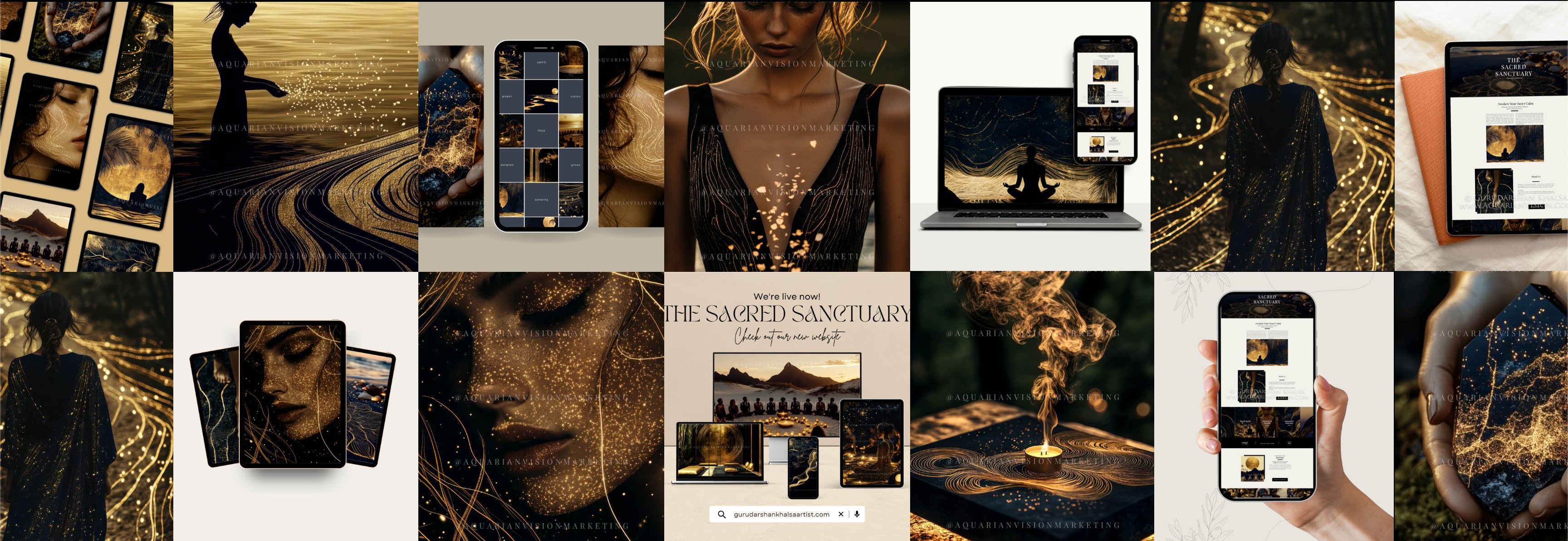 Sacred Sanctuary brand world — navy and gold, a held space