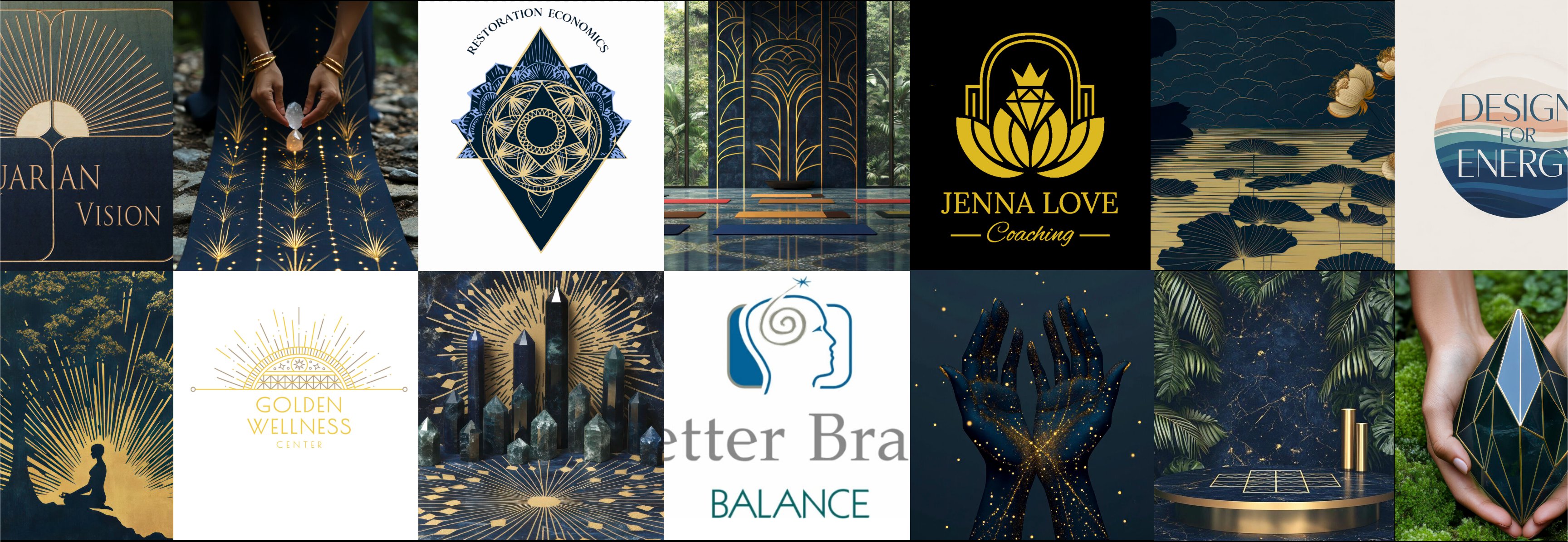 Logo and brand identity board — Aquarian Vision, Restoration Economics, Jenna Love, Golden Wellness, Better Brain Balance, Design for Energy