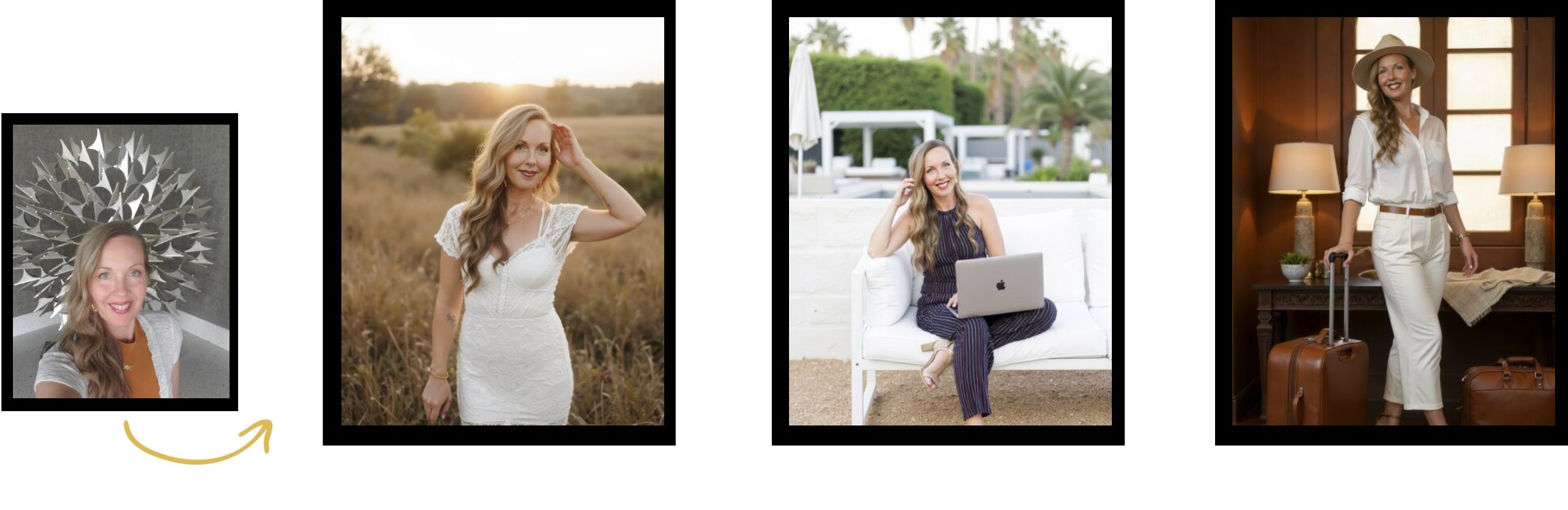Before and after AI brand portraits — luxury lifestyle coach